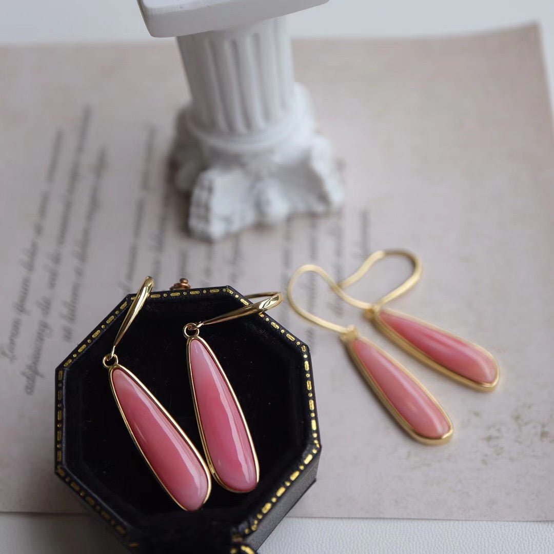 Queen Pink - Pendientes colgantes de concha de reina rosa natural de diseño minimalista y grueso - Vermeil de oro - Calidad AAAA