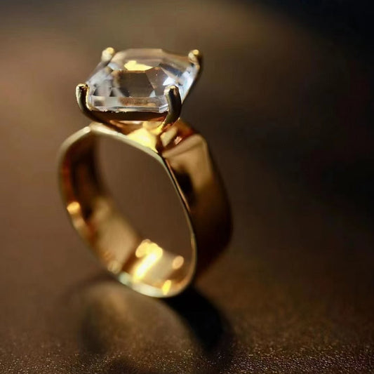 Anillo de declaración vermeil de oro de cristal de cuarzo transparente ajustable