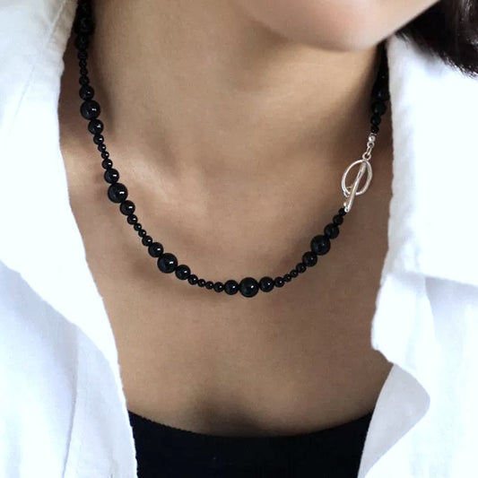 Minimalistische zwarte onyx kralen ketting-zilveren sluiting