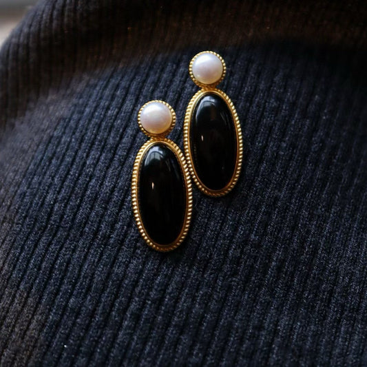 Pendientes grandes de ónix negro real vintage moderno con vermeil de oro perla de agua dulce