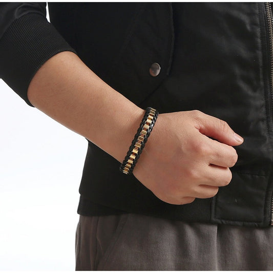 Pulsera de hombre de acero y cuero trenzado resistente