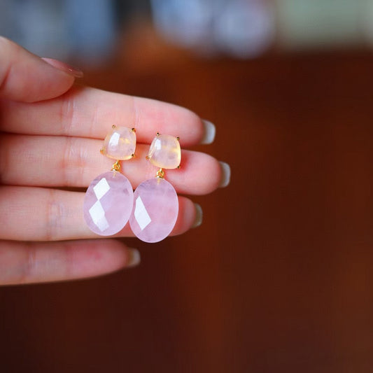 Pendientes románticos estilo princesa de cristal de cuarzo rosa - Oro vermeil - Piedra del amor