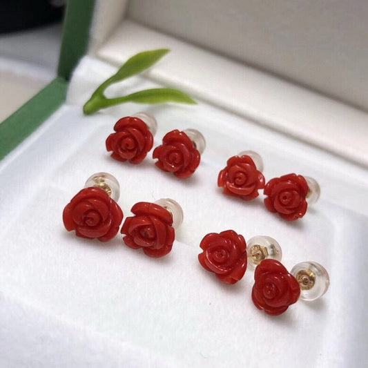 Pendientes de coral rojo y flor de rosa - Oro 