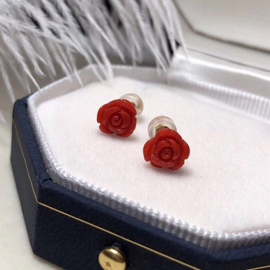 Pendientes de coral rojo y flor de rosa - Oro 