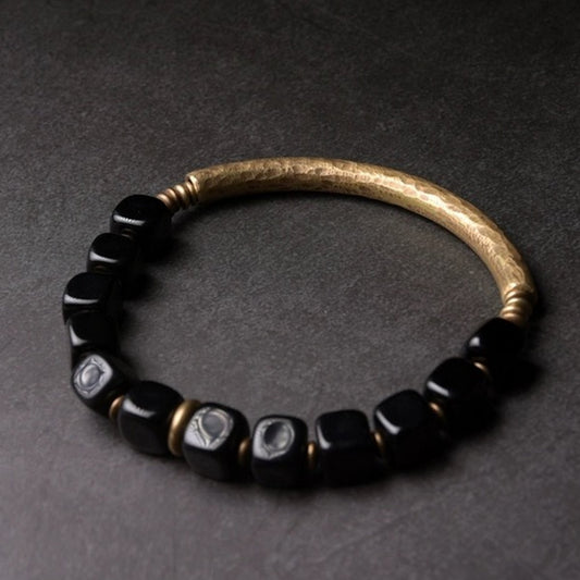 Stoere Zwarte Obsidiaan armband - Kralen/Brons