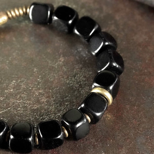 Stoere Zwarte Obsidiaan armband - Kralen/Brons