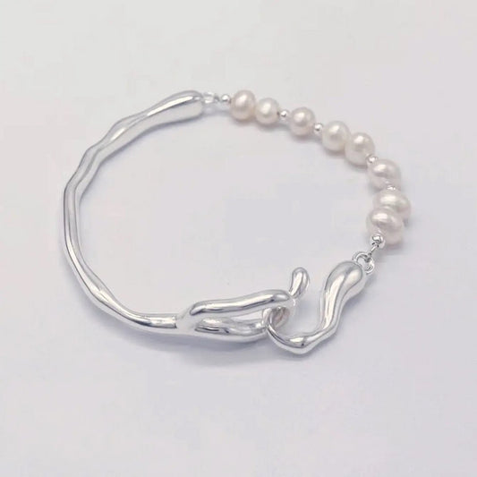 Árbol de plata - Pulsera de cuentas de perlas barrocas naturales hecha a mano con obra de arte Rama de árbol de plata de ley - Calidad AAAA