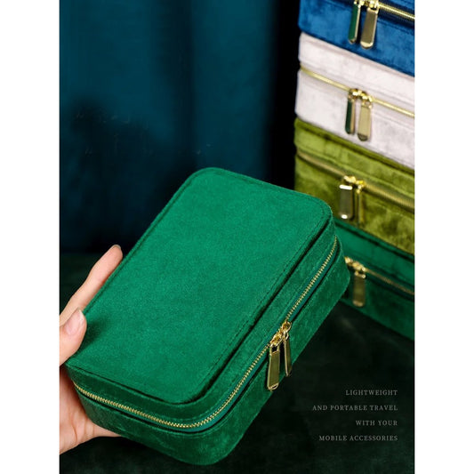 Caja de viaje para joyas y anillos de terciopelo verde esmeralda