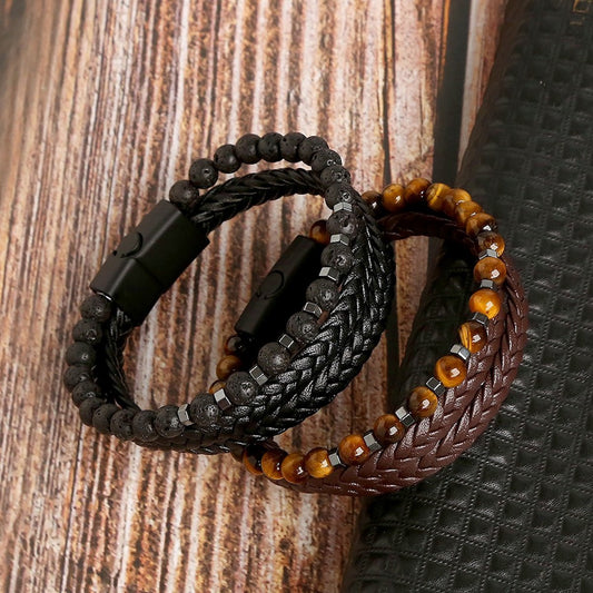 Gevlochten leren armband met echte stenen