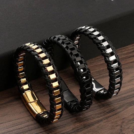 Pulsera de hombre de acero y cuero trenzado resistente