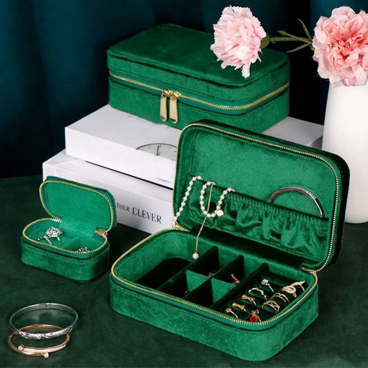 Caja de viaje para joyas y anillos de terciopelo verde esmeralda